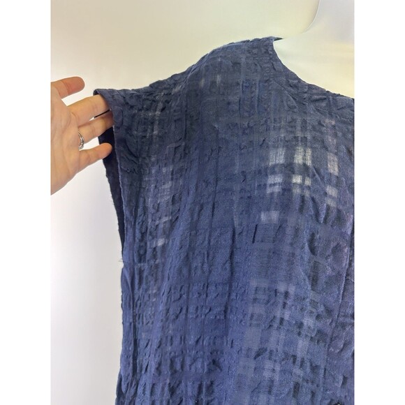 Eileen Fisher Linen Windowpane Gauze Dress Button Navy Short Sleeve Sheer Small - Picture 2 of 11
